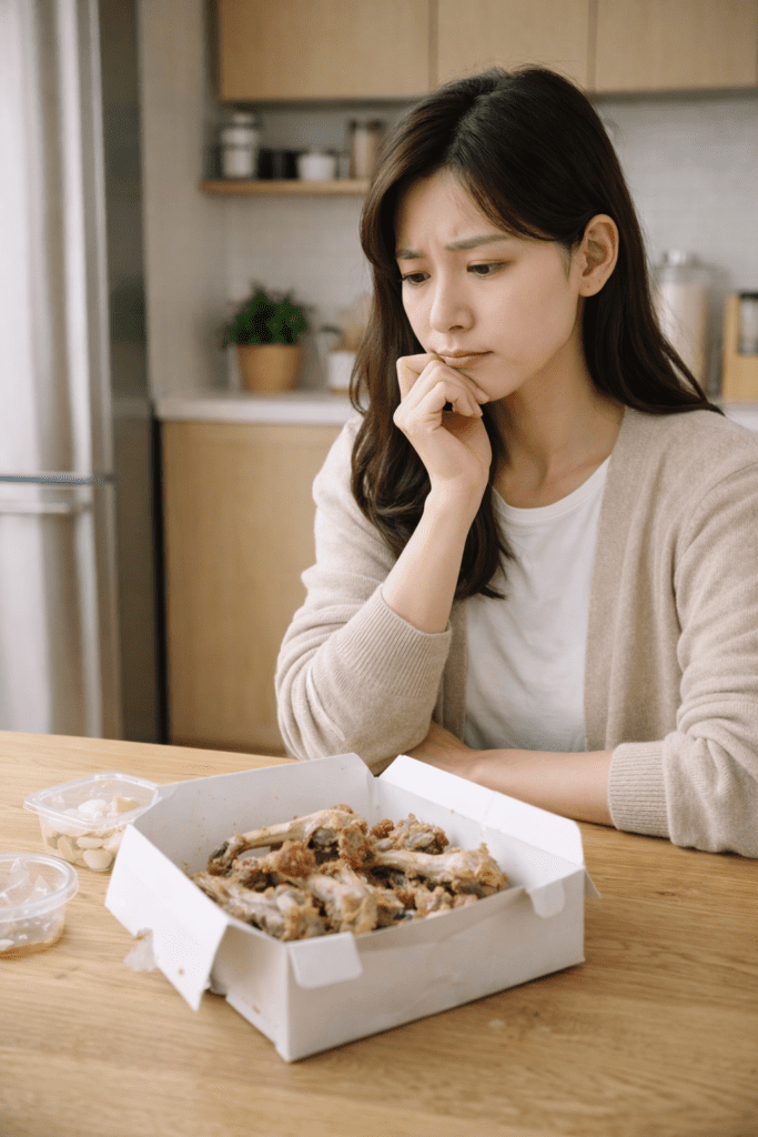 치킨뼈 분리수거 고민 치킨뼈 분리수거 - 치킨뼈를 어떻게 버릴지 고민하는 여성
