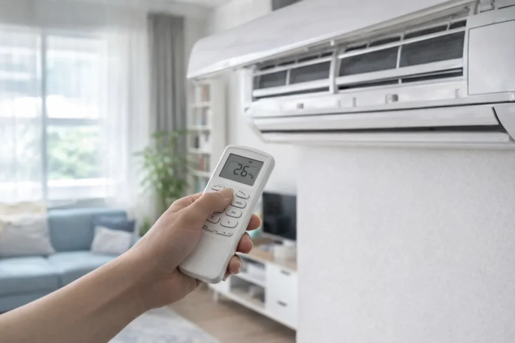 에어컨 전기세 줄이는 방법 - 에어컨 리모컨으로 온도를 조절하는 모습