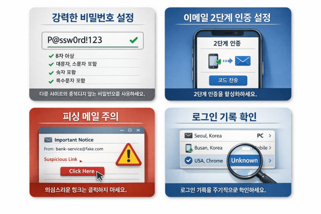 이메일 해킹 예방 방법 4가지를 보여주는 인포그래픽