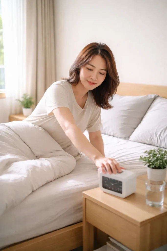 아침 기상 루틴 시작 아침 루틴 만들기 방법 아침에 알람을 끄고 일어나는 직장인 모습