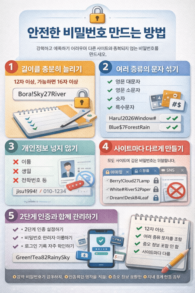 안전한 비밀번호 만드는 방법과 2단계 인증 관리법을 정리한 인포그래픽