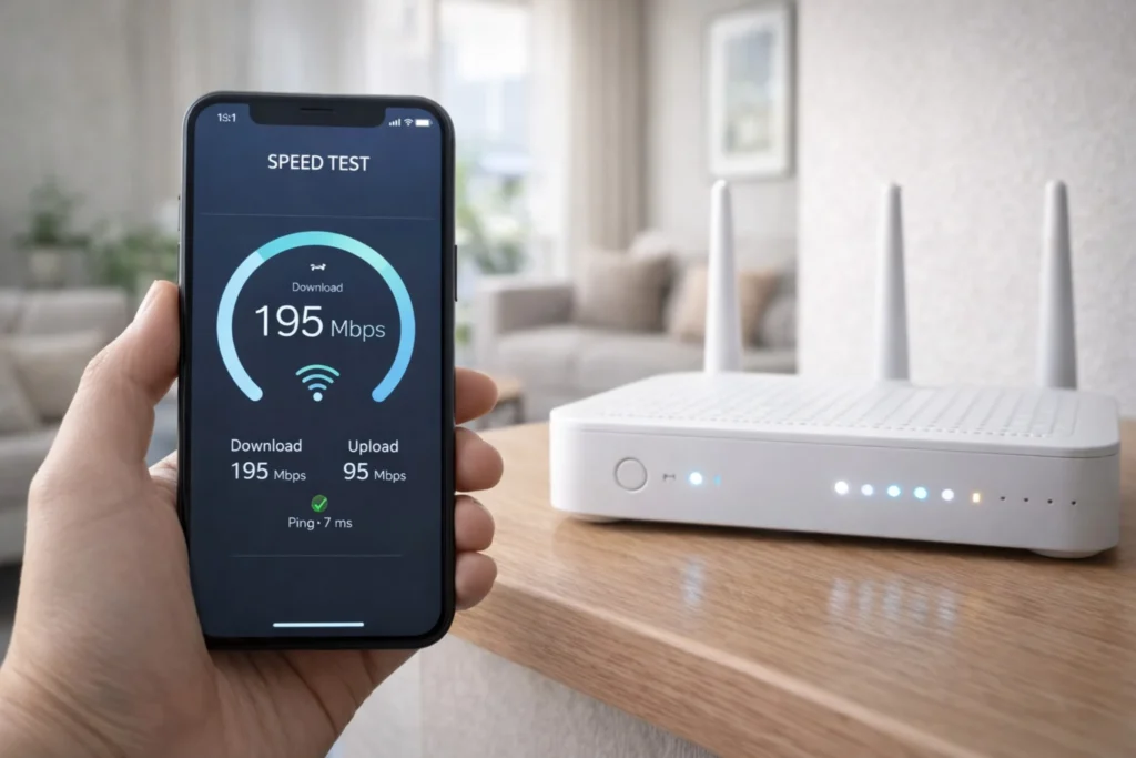 와이파이 속도 측정 방법 - 스마트폰에서 와이파이 속도를 측정하는 화면과 공유기를 함께 보여주는 이미지